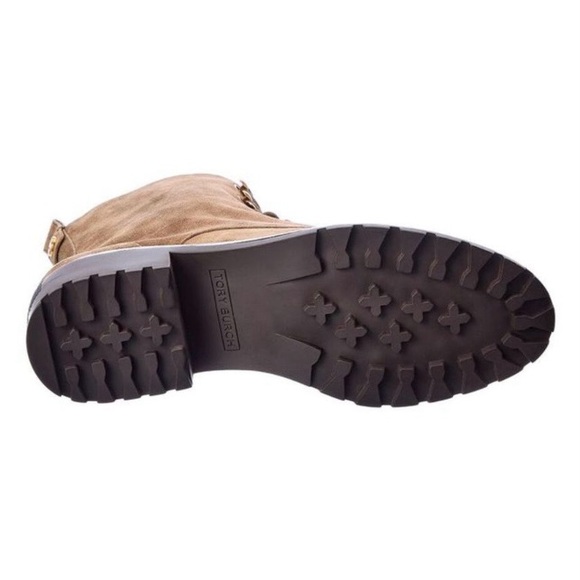 Tory Burch Suede Combat Lug Sole Lace Up Boots Nat River Rock Brown 85071 Gold - Picture 4 of 12